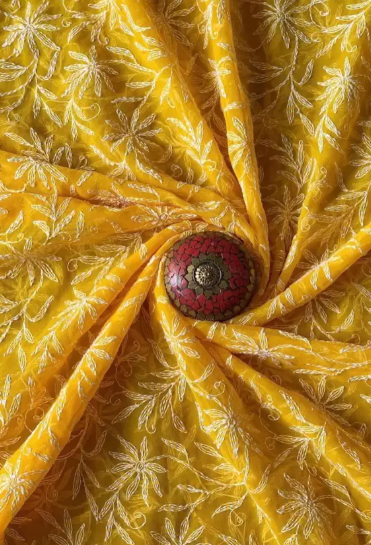 Embroidered Lucknow Chikankari Georgette Saree (Mustard)
