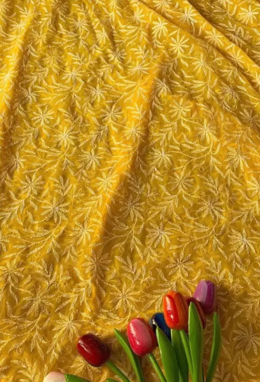 Embroidered Lucknow Chikankari Georgette Saree (Mustard)