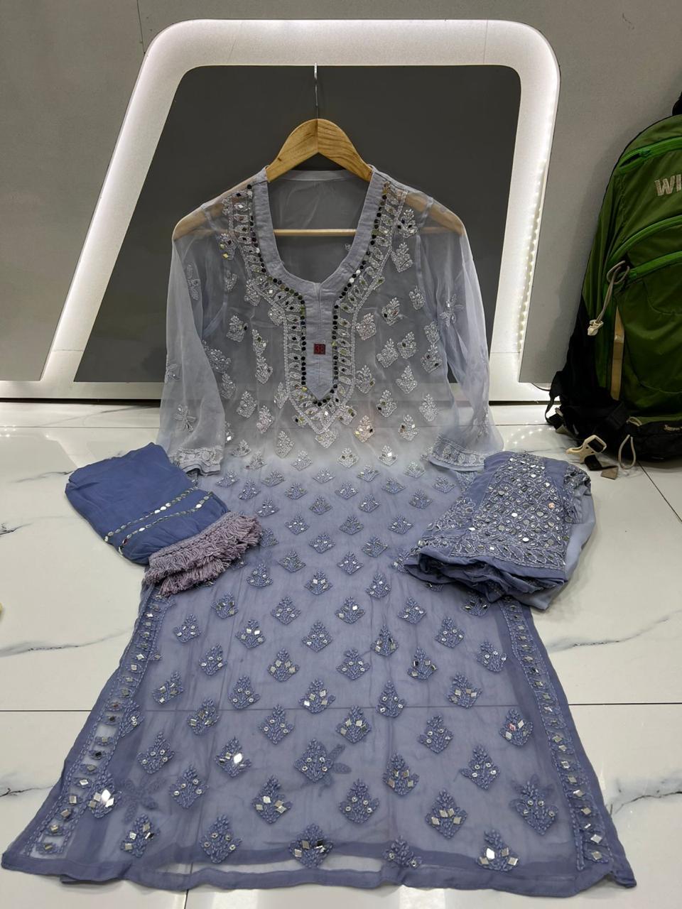 Steel Blue Mirror Chikankari Kurti - Front View, Traditional Hand Embroidery with Mirror Work and Elegant Design
