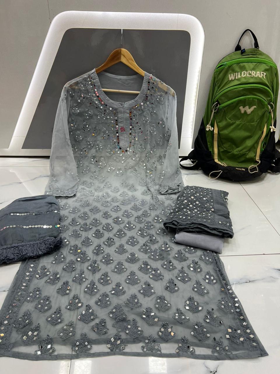 Grey Mirror Chikankari Kurti Set - Front View, Handcrafted with Intricate Mirror Work and Matching Bottoms