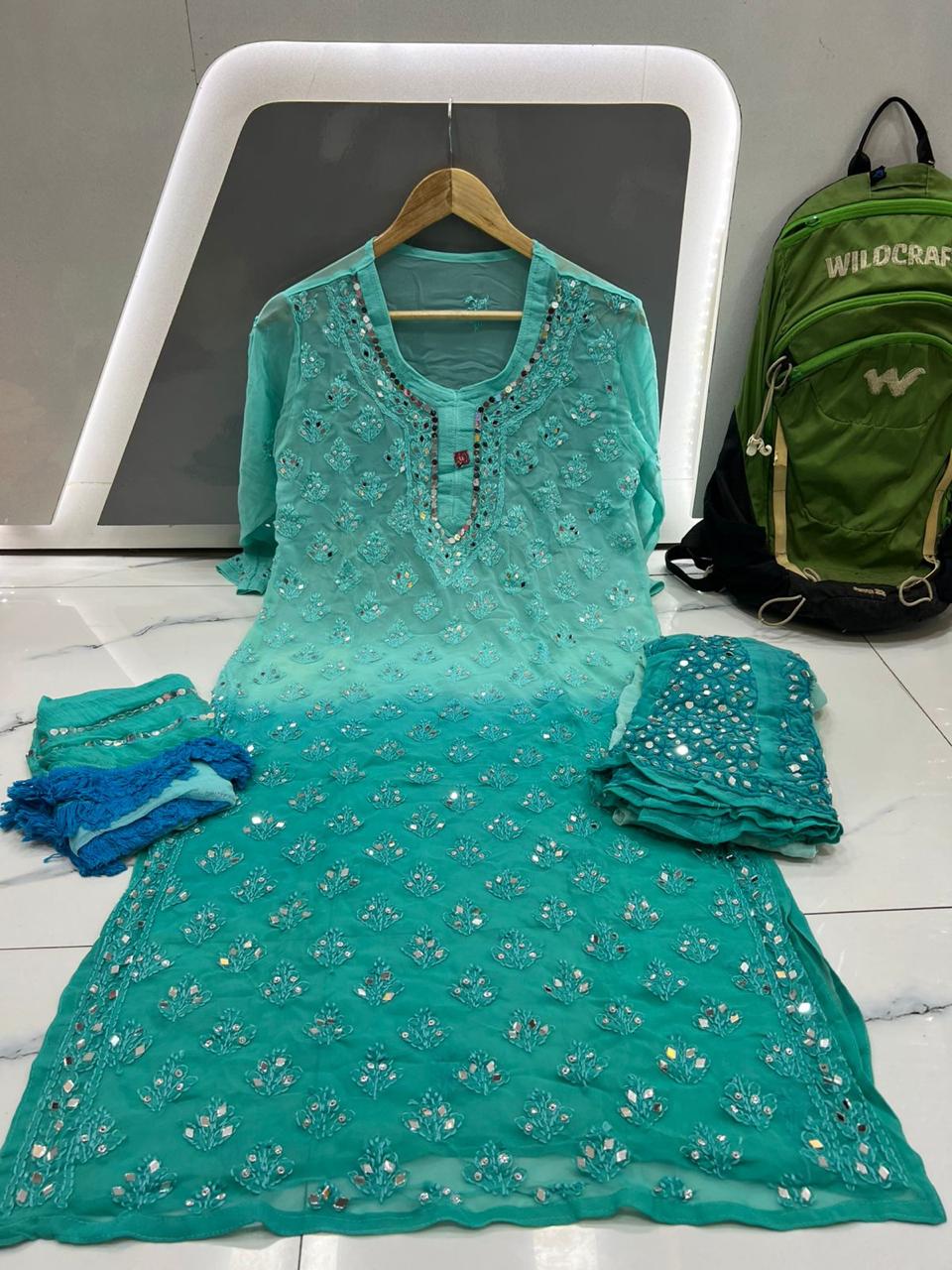 A-line skyblue Mirror Chikankari Handmade set Kurti