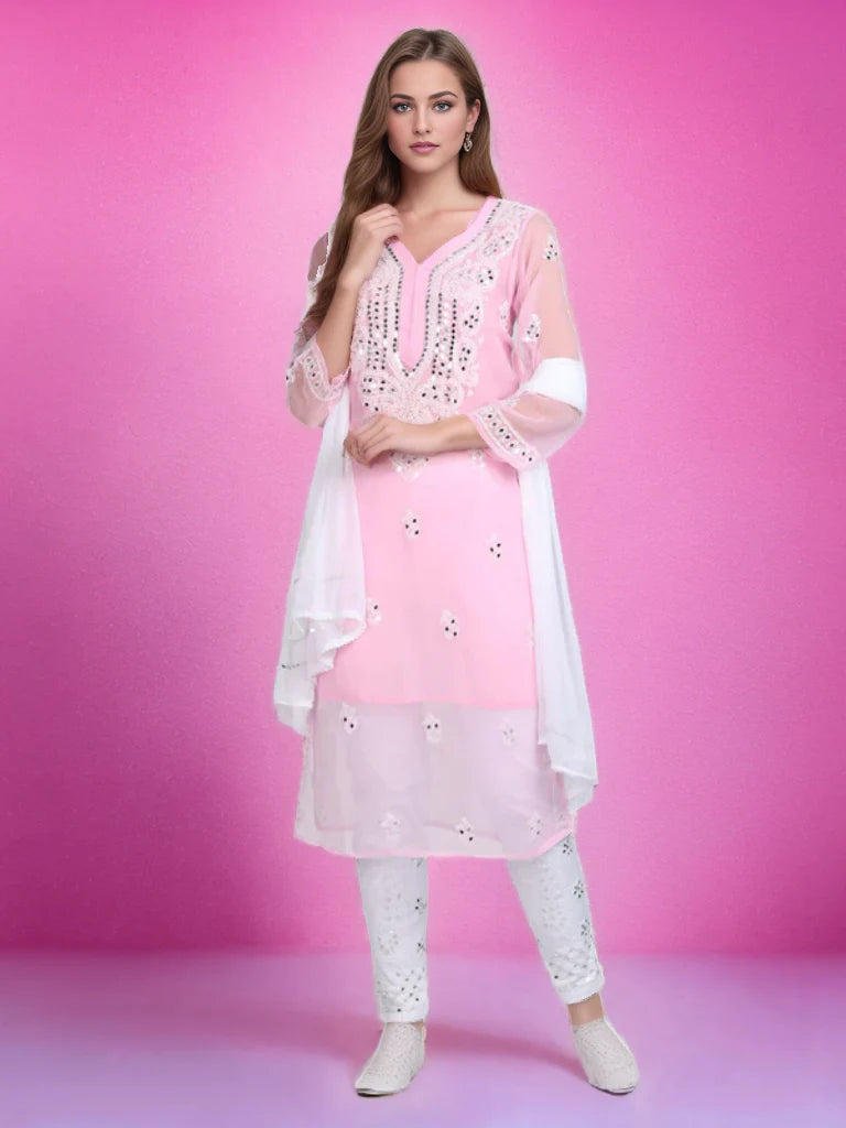 Pink Chikankari handmade Mirror Work 3 Piece Kurta Set