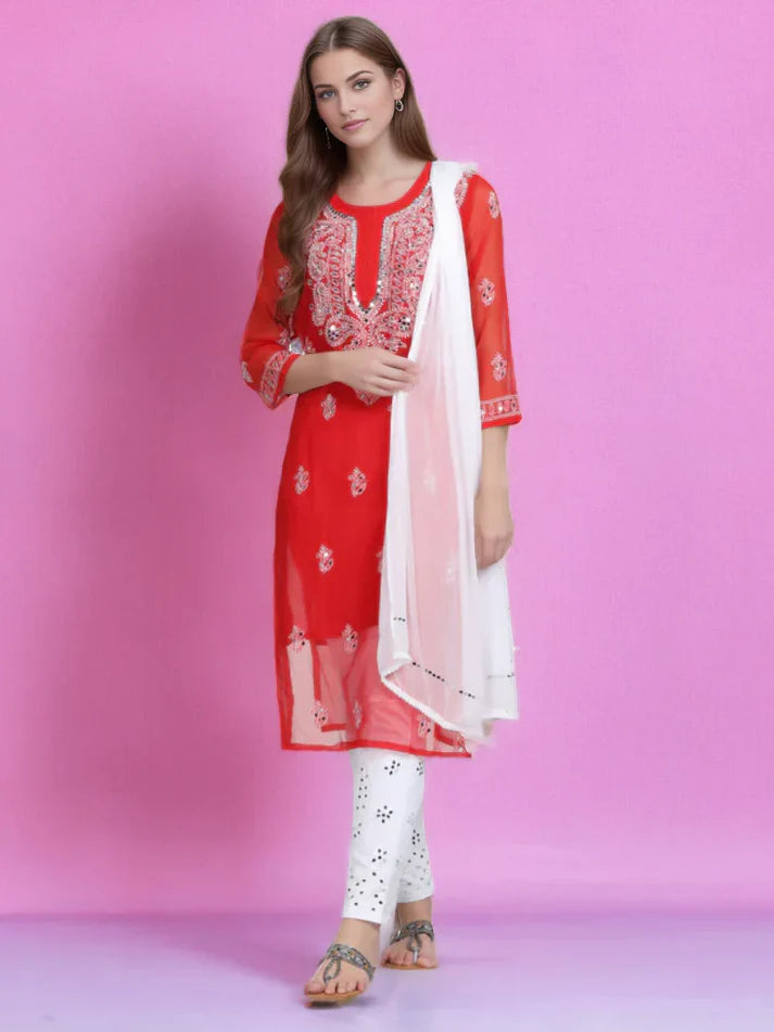 A-front-view-red chikankari mirror kurti set