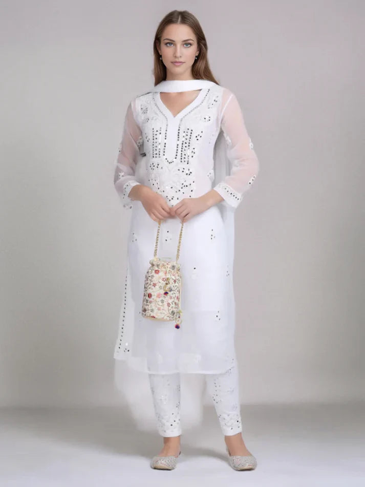 Front view of a White Mirror Handmade Chikankari Kurti Set with intricate hand-embroidered chikankari work and subtle mirror detailing, offering timeless elegance and traditional charm.