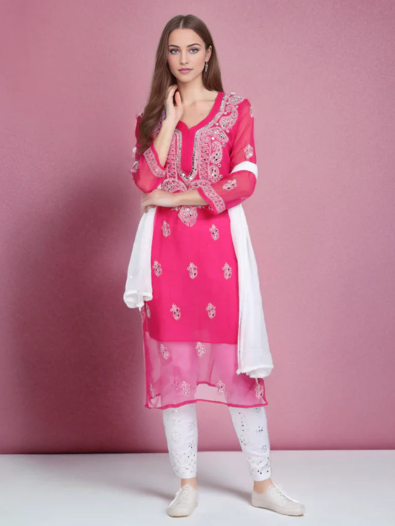 Pink Chikankari handmade Mirror Work 3 Piece Kurta Set