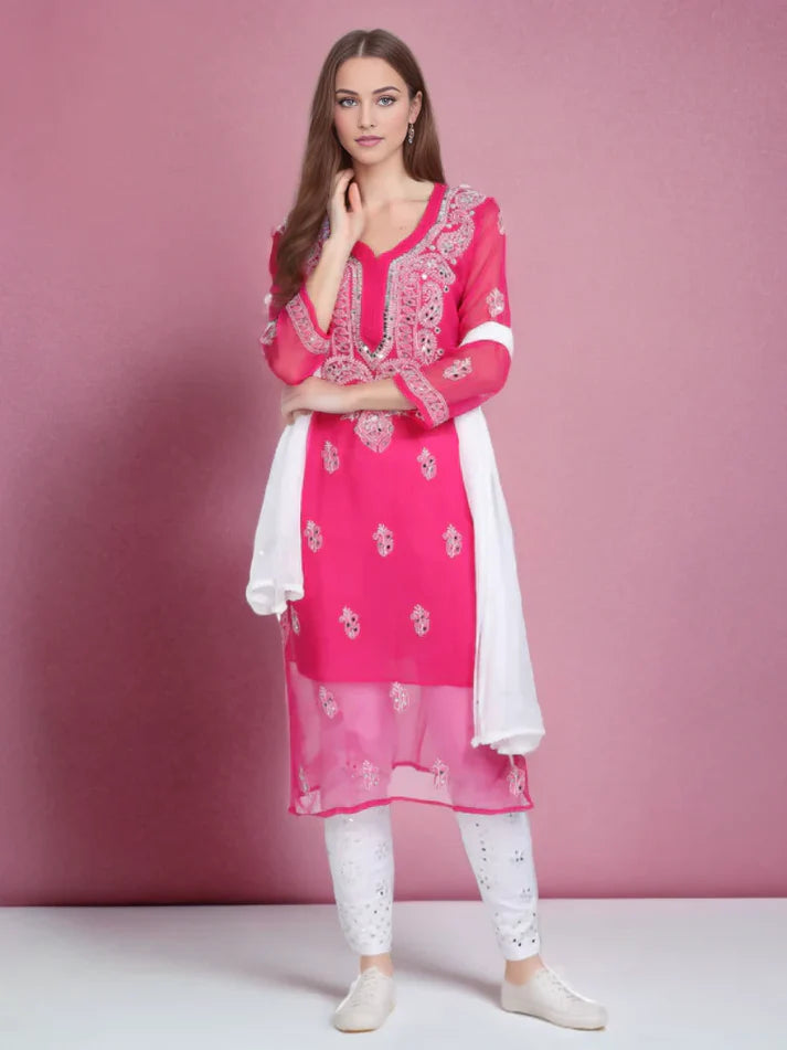 Front view of a Magenta (Rani) Mirror Chikankari Handmade Kurti Set featuring intricate chikankari embroidery and stunning mirror detailing, perfect for festive and formal occasions