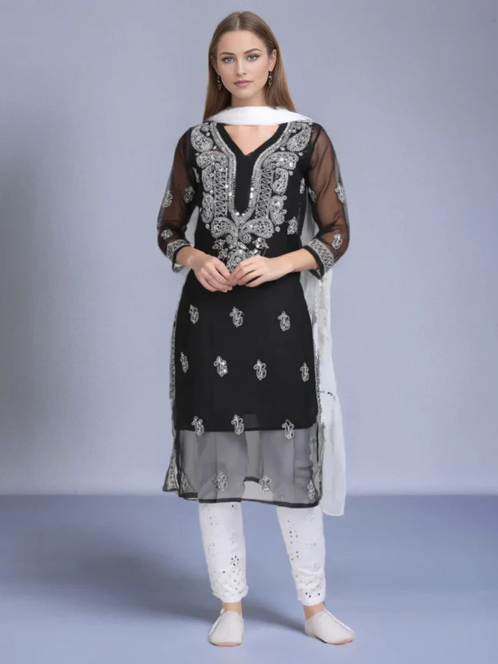 Front view of a Black Mirror Chikankari Handmade Kurti Set with intricate hand-embroidered chikankari work and elegant mirror detailing, showcasing traditional craftsmanship and modern elegance