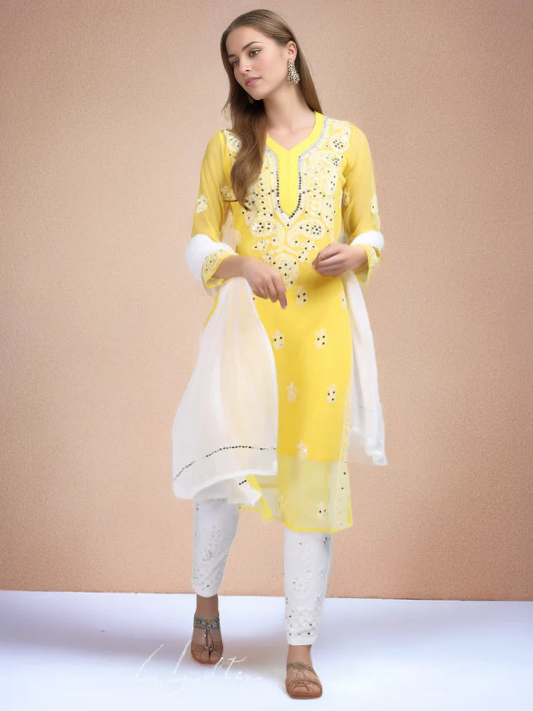 Pink Chikankari handmade Mirror Work 3 Piece Kurta Set