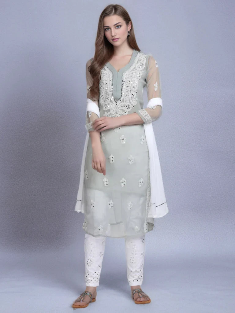 Pink Chikankari handmade Mirror Work 3 Piece Kurta Set