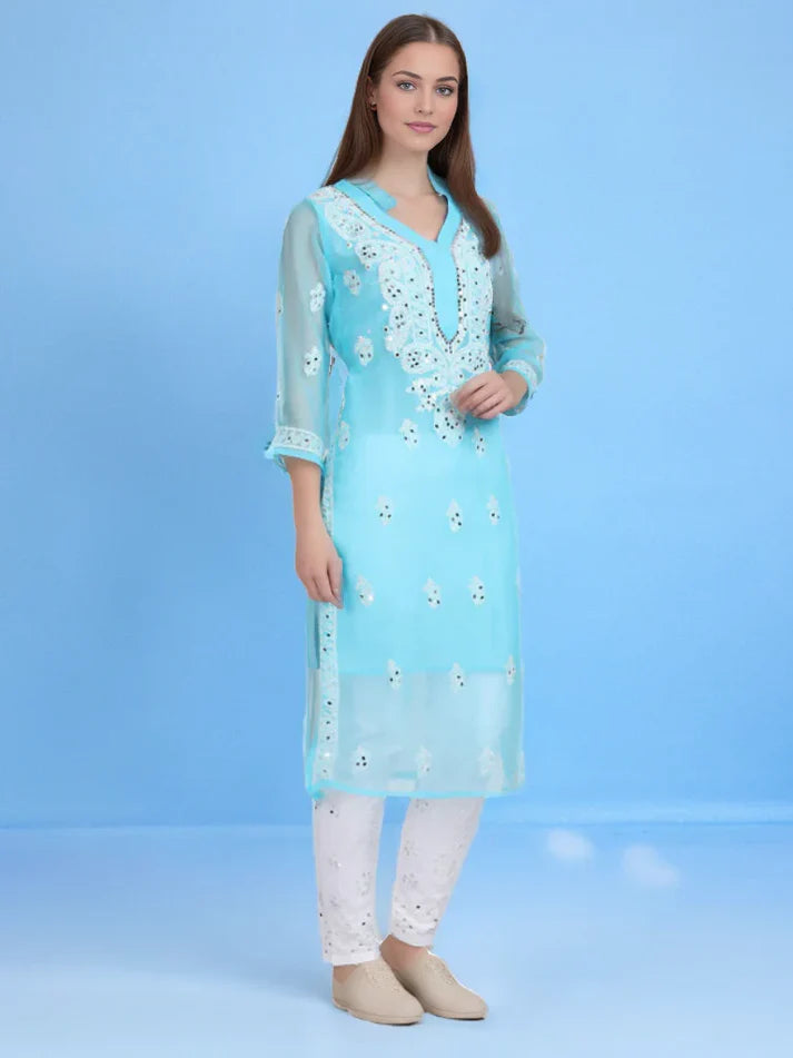 Front view of a Sky Blue Mirror Chikankari Handmade Kurti Set featuring intricate hand embroidery and sparkling mirror accents, perfect for festive and casual elegance.