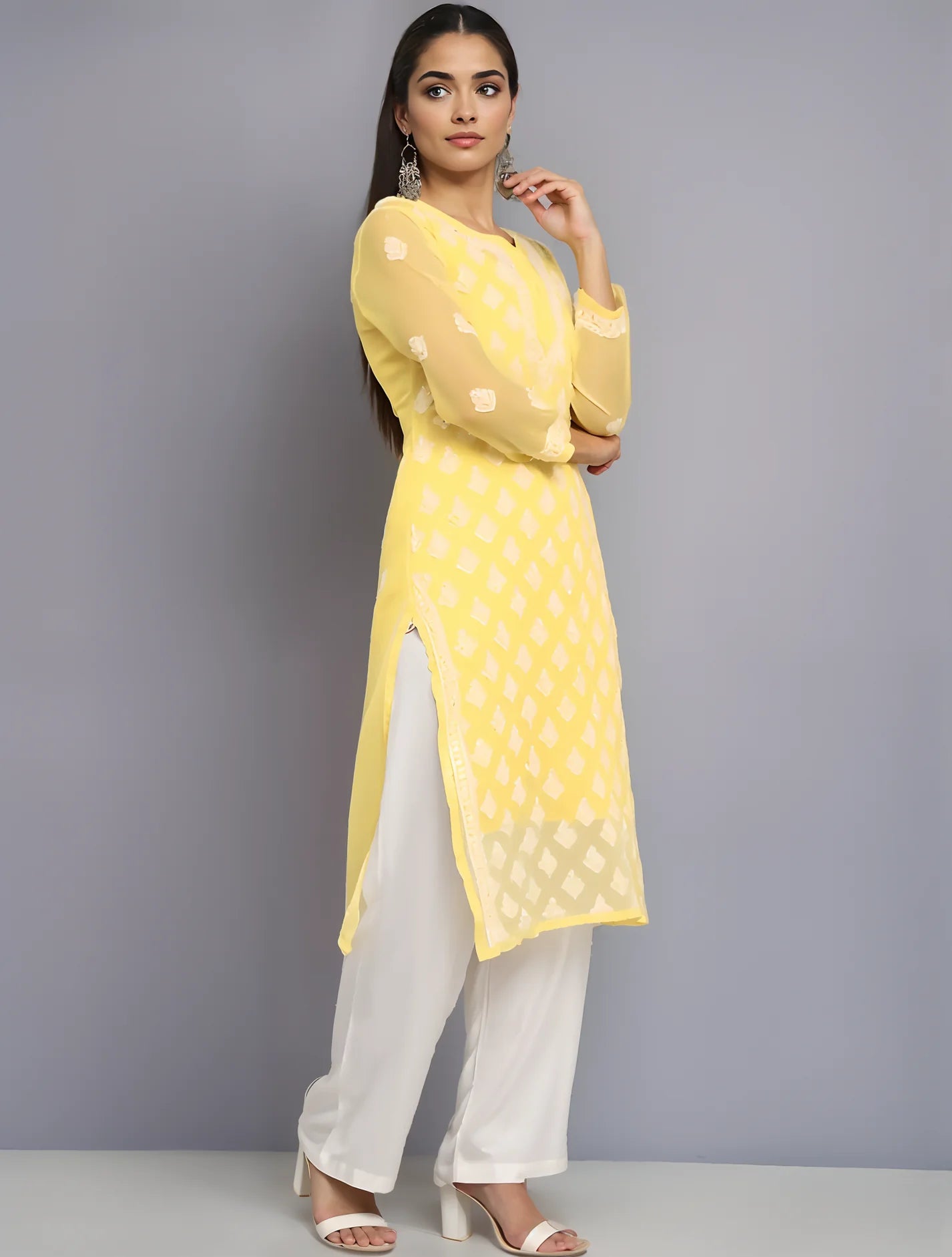 yellow Straight Kurti - Front View, Simple Design with a Classic Straight Cut