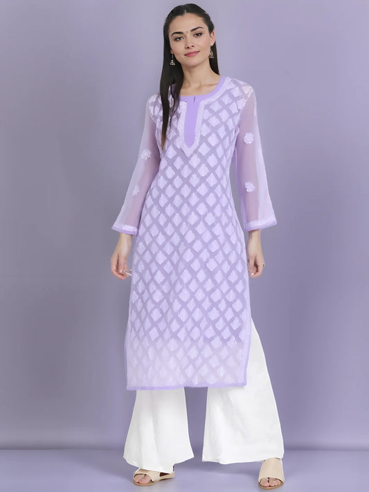 Lavender Lining Handmade Chikankari Kurti - Elegant Women's Wear