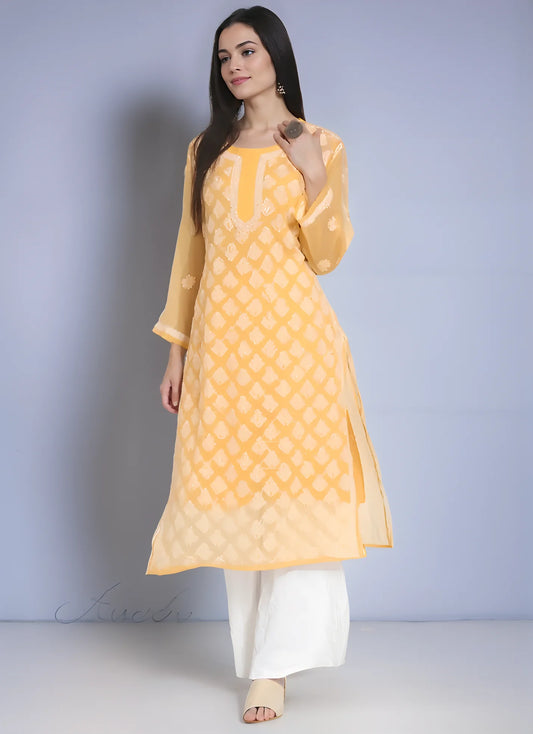 Mustard Lining Handmade Chikankari Kurti - Elegant Women's Wear
