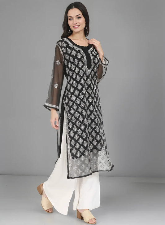 Black Lining Handmade Chikankari Kurti - Elegant Women's Wear