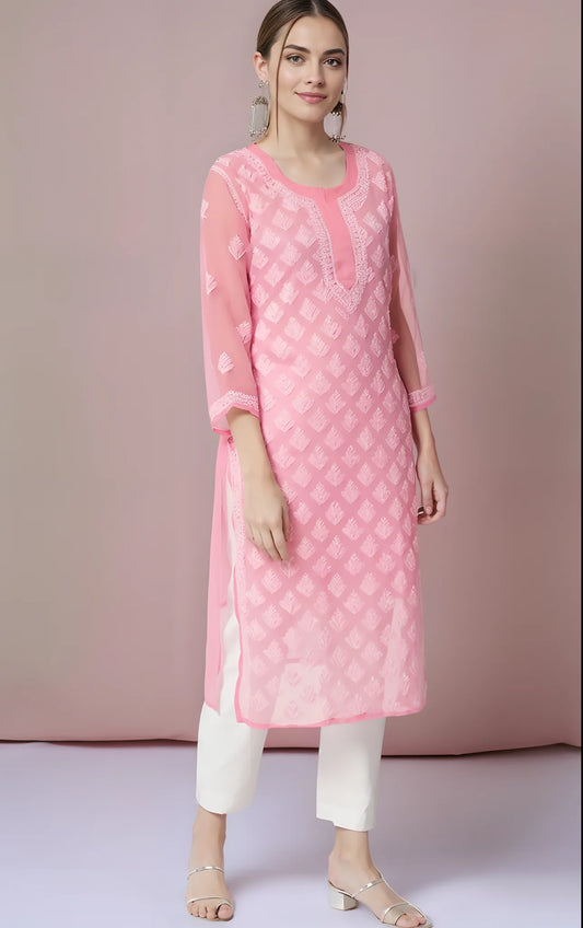 Baby Pink Lining Chikankari Handmade Kurti without Mirror work Women's