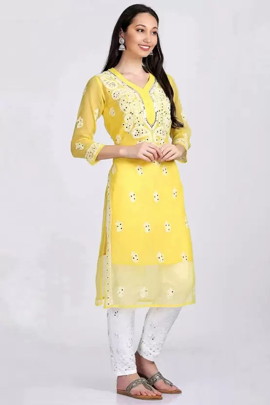 A-line Yellow Mirror Chikankari Handmade Kurti