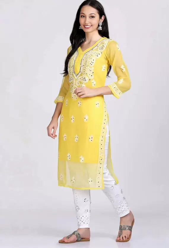 Side View Of A-line Yellow Mirror Chikankari Handmade Kurti