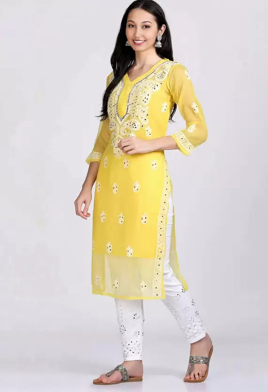 A-line Yellow Mirror Chikankari Handmade Kurti