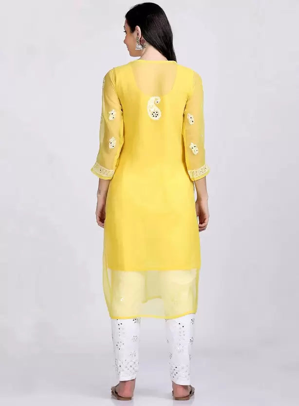 back View Of A-line Yellow Mirror Chikankari Handmade Kurti