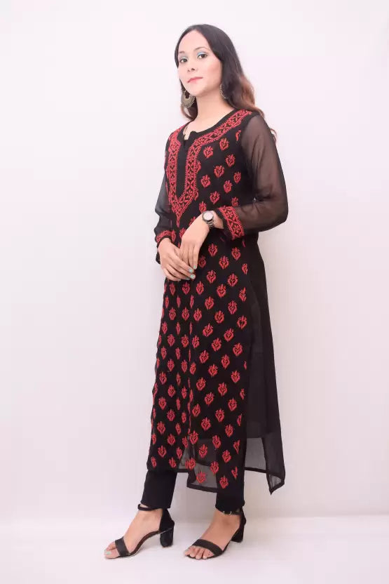 A-side-view-Beautiful red and black Chikankari kurti made from lightweight georgette fabric, showcasing intricate hand-embroidered floral patterns for a graceful, traditional look.