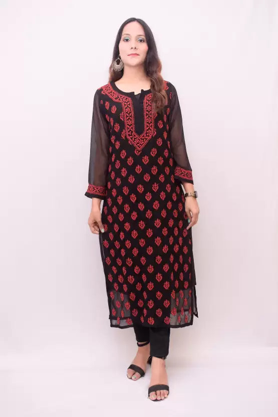 A-front-view-Beautiful red and black Chikankari kurti made from lightweight georgette fabric, showcasing intricate hand-embroidered floral patterns for a graceful, traditional look.