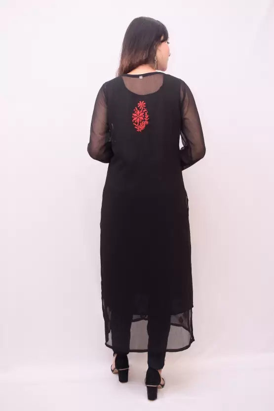 A-back-view-Beautiful red and black Chikankari kurti made from lightweight georgette fabric, showcasing intricate hand-embroidered floral patterns for a graceful, traditional look.