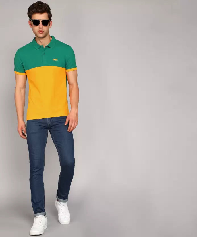 Men's Polo Neck Pure Cotton Green-Yellow T-Shirt - Classic & Comfortable
