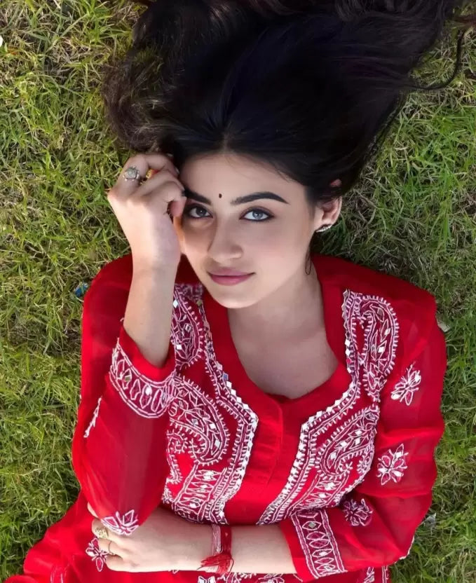 A-top bottom-view-Red handmade chikankari kurti featuring intricate mirror work, adding a traditional yet stylish touch to your ethnic wardrobe.