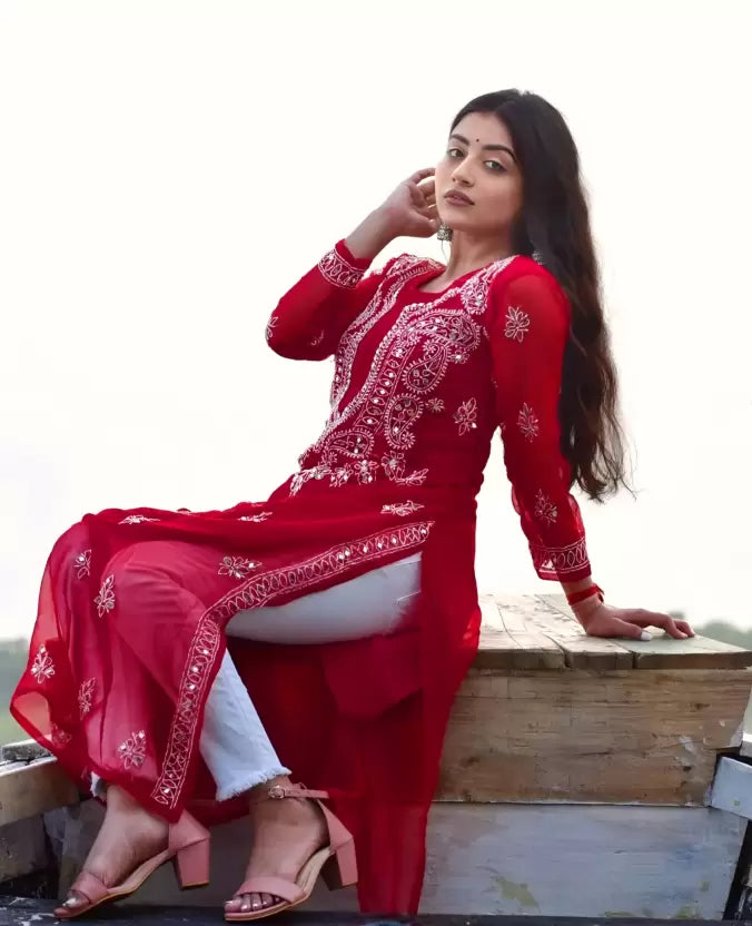 A-side-view-red chikankari mirror kurti