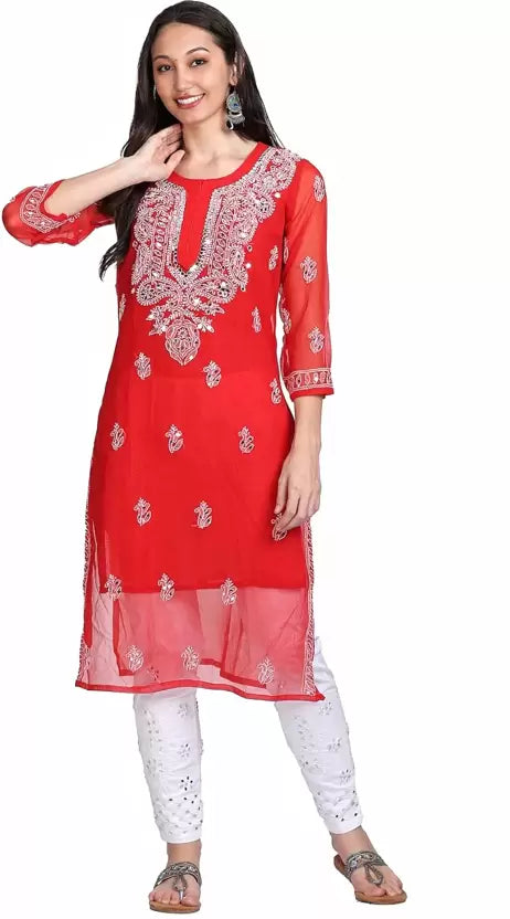 A-front-view-red chikankari mirror kurti
