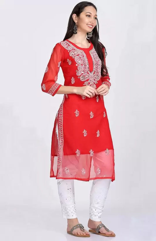 Red Mirror Handmade Chikankari Kurti
