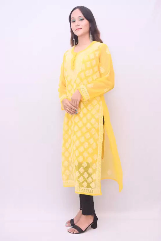 Yellow Chikankari Georgette Straight Kurtis for Women