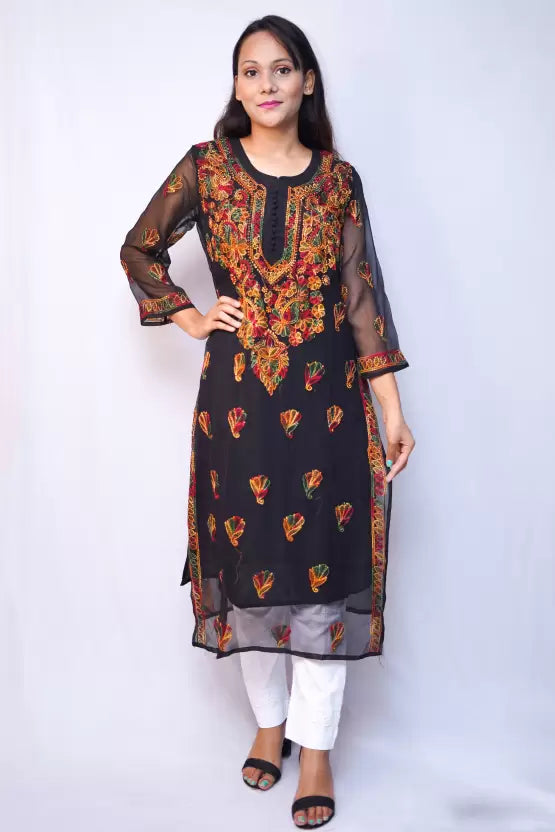 Multiless Black Chikankari Kurti - Front View, Elegant Traditional Embroidery
