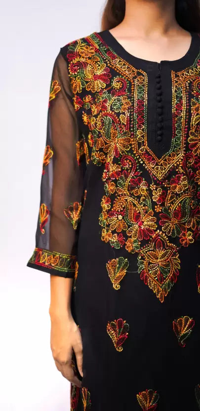 front design view Women Embroidered Georgette Straight Kurta