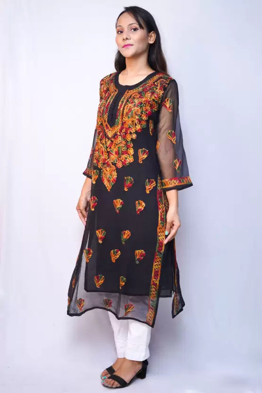 Black Multiless Chikankari Handmade Georgette Kurti – Timeless Elegance