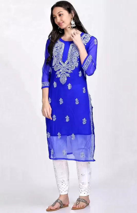 A-line Blue Mirror Chikankari Handmade Kurti