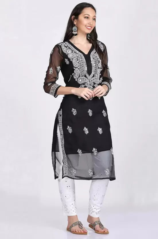 front view of A-line Black Mirror Chikankari Handmade Kurti
