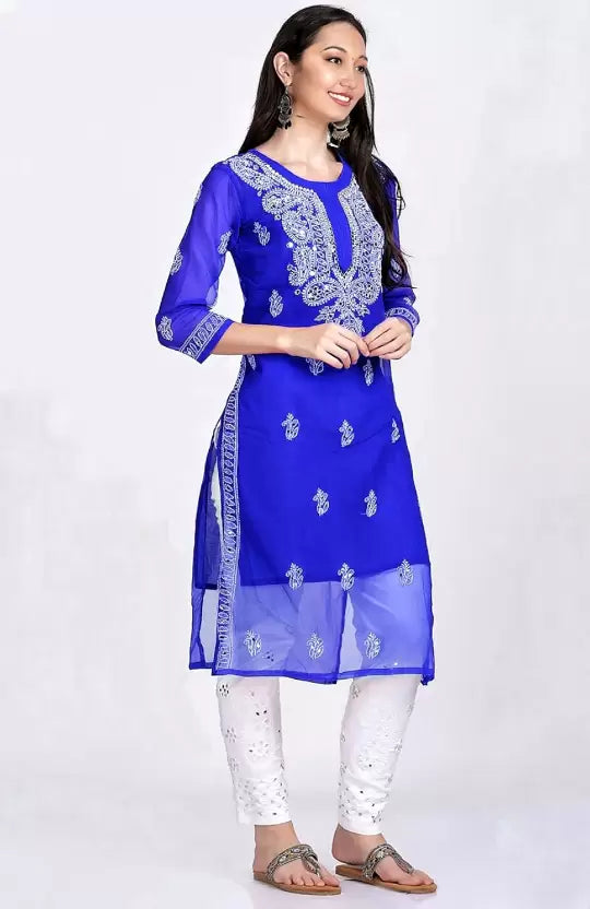 Front view of A-line Blue Mirror Chikankari Handmade Kurti