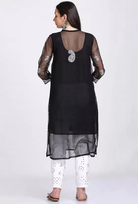 Back view of A-line Black Mirror Chikankari Handmade Kurti