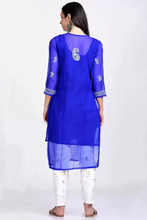 Backup view of A-line Blue Mirror Chikankari Handmade Kurti