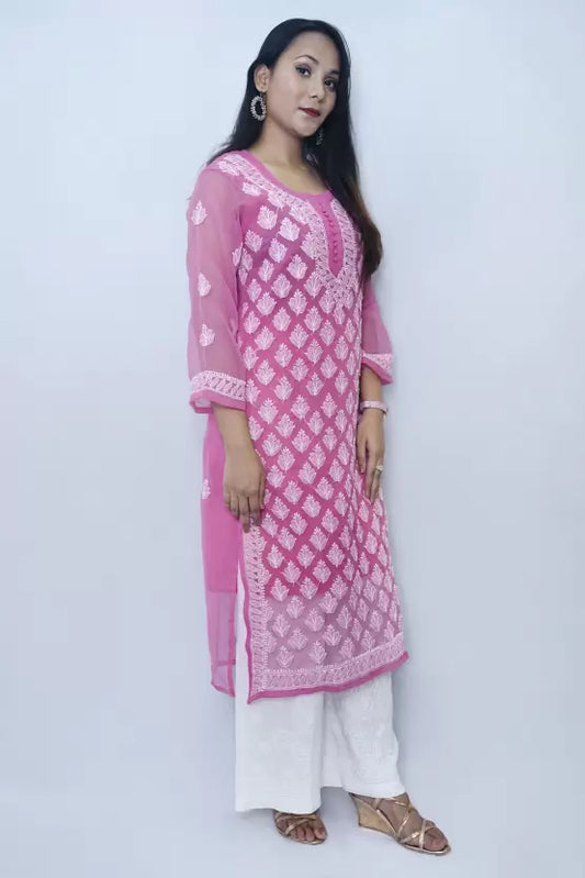 Pink Chikankari Handmade Straight Kurta