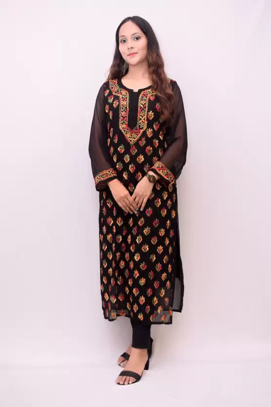 Frontview Women Chikan Embroidery Georgette Straight Kurta
