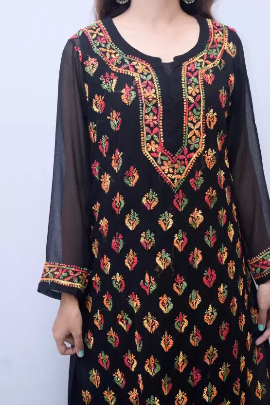 front design view Women Chikan Embroidery Georgette Straight multimore Kurta