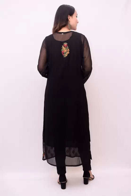 Back view Women Chikan Embroidery Georgette Straight Kurta