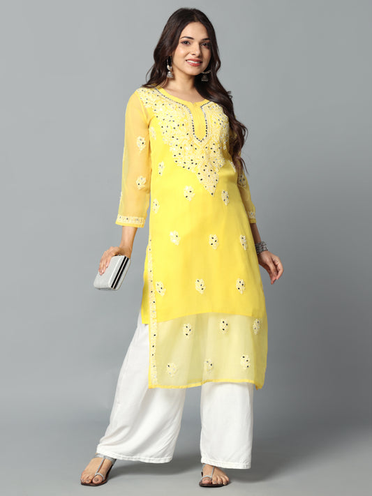 A-Front-line view - Yellow Mirror Chikankari Hand Embroidered Georgette Kurti | Elegant Ethnic Wear

