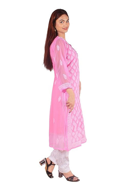 Georgette Chikankari Women's Pink Kurta with Lining