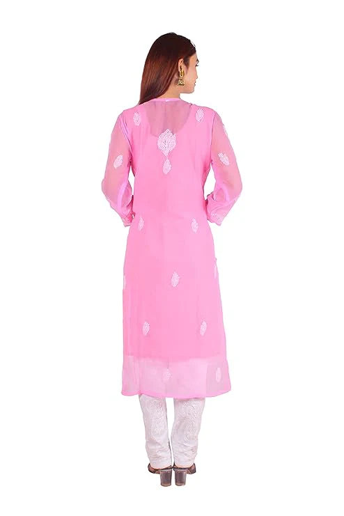 Georgette Chikankari Women's Pink Kurta with Lining