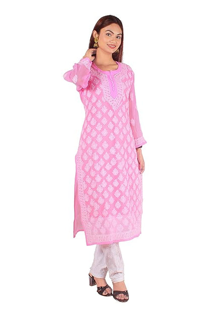 Georgette Chikankari Women's Pink Kurta with Lining