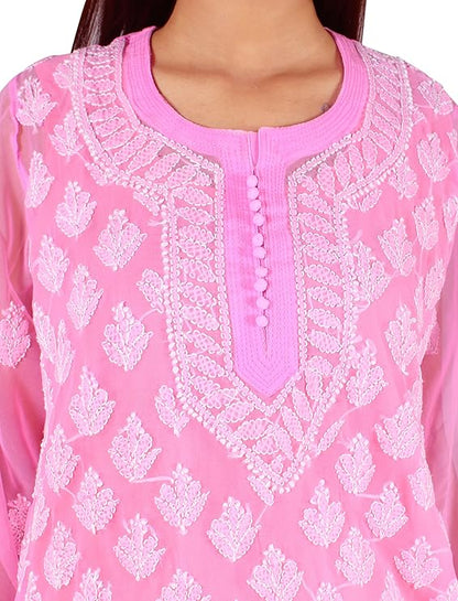 Georgette Chikankari Women's Pink Kurta with Lining