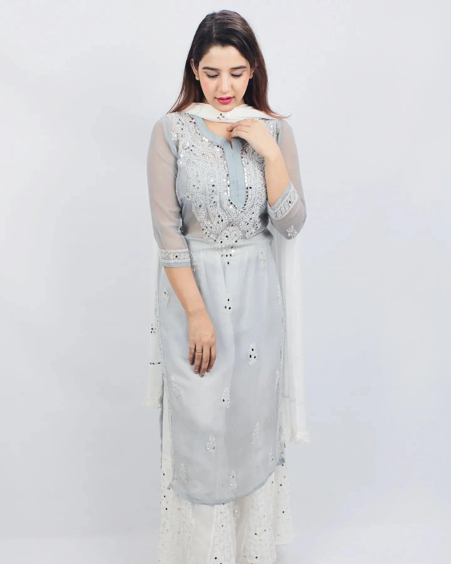 Elegant Grey Mirror Work Chikankari Kurti - Contemporary Style




